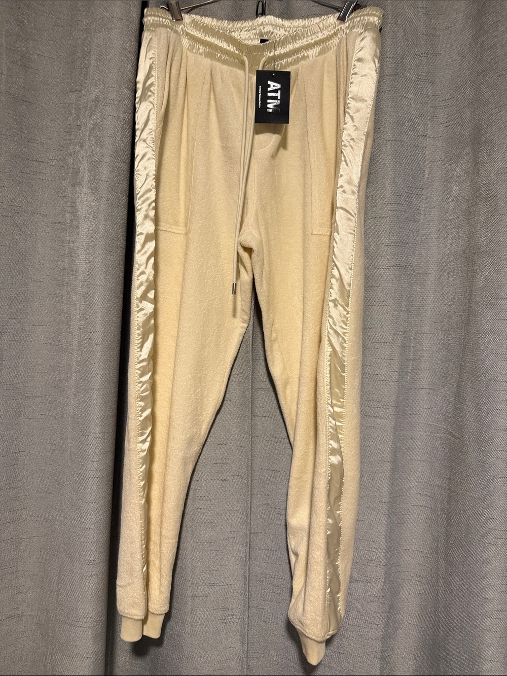 NWT ATM Cream Fleece Joggers with Satin Side Stripe waist drawstring